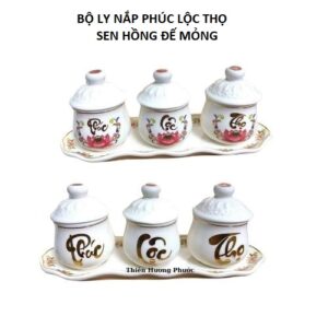 1 Bộ Ly Nắp Phúc Lộc Thọ Sen Hồng Đế Mỏng