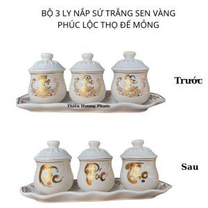 3 Ly nắp sứ trắng sen vàng đế mỏng